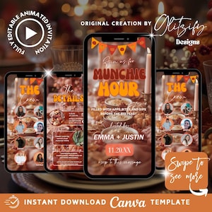 Puede incluir: Una plantilla de invitación digital en teléfonos inteligentes, con el texto "Munchie Hour" en naranja y marrón. El diseño incluye imágenes de comida, calabazas y velas, con los nombres Emma y Justin. La plantilla es totalmente editable.