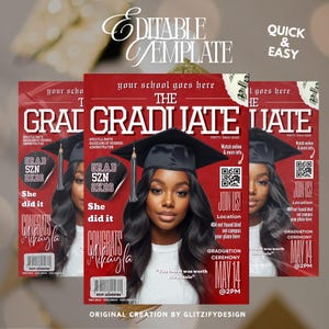 May include: A magazine cover design titled "The Graduate" in red and white, featuring a woman in a graduation cap. The cover includes text such as "Grad SZN 2K26", "She did it", and "Congrats Mikayla".