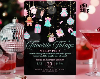 Può includere: Un invito in stile lavagna nera con ornamenti natalizi rosa e blu appesi a una corda dorata. Il testo recita "Join us for Favorite Things Holiday Party pieno di allegria natalizia dove il vino scorre a fiumi e le risate durano tutto l'anno! Organizzato da Elizabeth Johnson Sab 20 | 18:00 PM Dic 404 Not Found Blvd, Apt # LOL Los Angeles, CA".