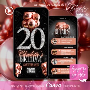 Rose Gold Glam 20th birthday Invitation,Rosegold Birthday Dinner Invitation,Balloon Diamond Birthday Party Invite,Digital birthday flyer
