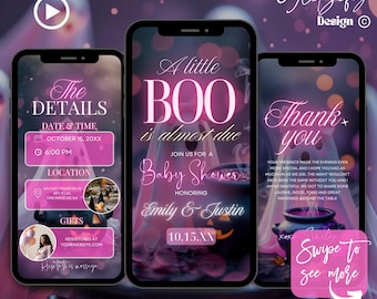 Pink Little Boo-babyshowervideo-uitnodiging: Halloween-thema (digitale download, canvasjabloon)