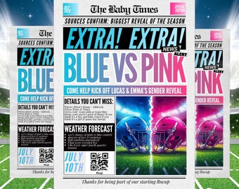 Fußball Gender Reveal Zeitungseinladung, Touchdown oder Cheerlader Babymitteilung, Digitale Gender Reveal Ansage Canva Vorlage
