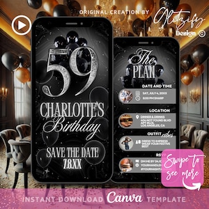 Digital 59th Birthday Invitation,Elegant balloon birthday Invite,black silver birthday Party invitation,Digital Birthday Flyer,Text Invite