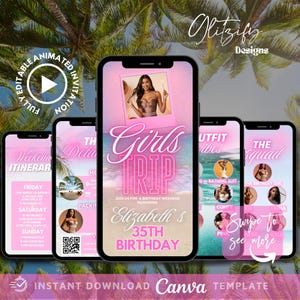 Pink Tropical Glam Girl Trip Itinerary,Vacation planner,Birthday Getaway Invite,Bachelorette Trip Invite,Palm Trees Vacation Itinerary flyer