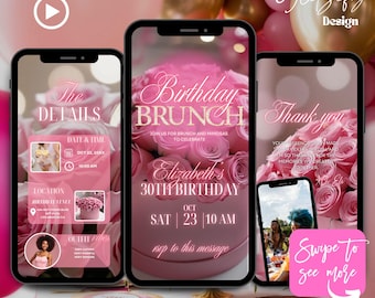 May include: A pink and gold digital invitation for a birthday brunch. The invitation features a bouquet of pink roses, the text "Birthday Brunch", and the date and time of the event. The invitation also includes the text "Join us for brunch and mimosas to celebrate Elizabeth's 30th Birthday".