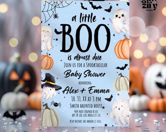 May include: A light blue Halloween-themed baby shower invitation with the words "a little BOO" in large black letters. The invitation includes illustrations of pumpkins, ghosts, bats, and spiders. The invitation is for Alex and Emma.