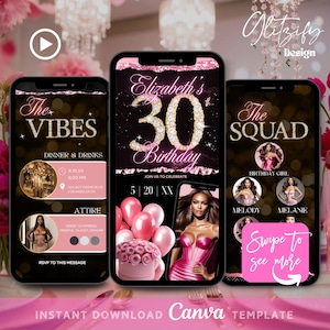 Puede incluir: Una invitación digital rosa y dorada para una fiesta de cumpleaños número 30. La invitación presenta un gran número 30 con diamantes, un fondo rosa y el texto "Elizabeth's 30th Birthday". La invitación también incluye una fecha y hora para la fiesta, una ubicación y un código de vestimenta.