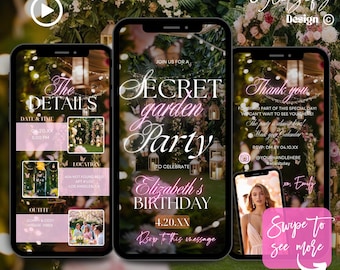 May include: A digital invitation for a secret garden party to celebrate Elizabeth's birthday. The invitation is designed in a pink and white colour scheme with a floral background and features a play button, a date and time, a location, an outfit suggestion, and a thank you message. The invitation also includes a swipe to see more feature.