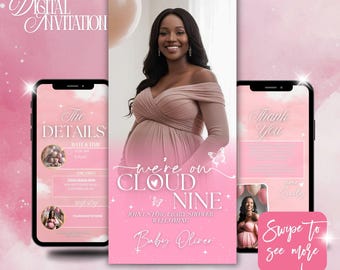 Pink Cloud Nine Baby Shower Digital Invitation: We're on Cloud 9 Cloud Baby Shower Evite,Girl Baby Shower Digital Template,Editable Invite