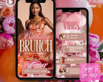 Dusty Pink Floral Birthday Brunch Animated Invitation (Canva Editable)