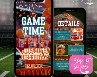 Peut inclure: Une invitation numérique pour une fête d'anniversaire sur le thème du football américain. L'invitation présente un casque de football, des ballons de football et le texte "It's Game Time" en bleu et orange. L'invitation comprend également le nom du garçon d'anniversaire, "Justin", et la date de la fête, "02.09.XX".