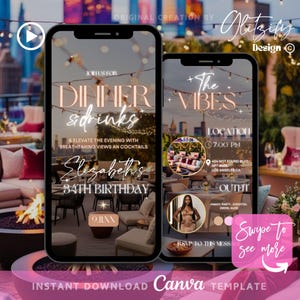 Peut inclure: Une invitation numérique pour une fête d'anniversaire de 34 ans avec un thème rose et or. L'invitation présente une photo d'un patio sur le toit avec un foyer et une vue sur la ville en arrière-plan. Le texte sur l'invitation se lit comme suit : "Rejoignez-nous pour un dîner et des boissons et élevez la soirée avec des vues imprenables et des cocktails Elizabeth's 34th Birthday 9.II.XX The Vibes Location 7:00 PM 404 Not Found Blvd Apt Beol Los Angeles CA Outfit Fancy, Party, Cocktail Dress, Nude RSVP to this message Swipe to see more"