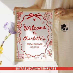 Plaque de bienvenue pour la douche nuptiale, That's Amore Party Welcome, imprimable de bienvenue dessinée à la main, enseigne de griffonnage drôle, carte de fête de pizza et de vin, enseigne de fête