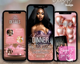Puede incluir: Una invitación digital rosa y dorada para una cena de cumpleaños. La invitación presenta una foto de una mujer con un fondo rosa brillante. El texto de la invitación dice "Cena de cumpleaños" y "Únete a nosotros para celebrar el cumpleaños número 28 de Elizabeth Johnson 10.12.24".