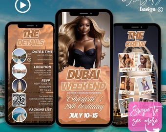 Animated Dubai Birthday Weekend Invitation: Girls Trip Getaway (Digital Download)