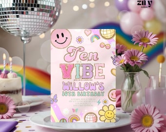 May include: Pink and yellow birthday party invitation with the text "Ten Vibe" and "Willow's 10th Birthday". The invitation features a rainbow, peace sign, smiley face, and disco ball.