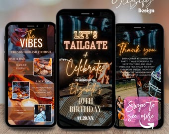 Puede incluir: Una invitación digital para una fiesta de pre-partido para celebrar el 40 cumpleaños de Elizabeth. La invitación presenta un balón de fútbol, una fogata y el texto "Let's Tailgate + Celebrate in honour of Elizabeth's 40th Birthday 11.20.XX".