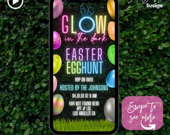 May include: A digital invitation for a glow in the dark Easter egg hunt. The invitation features a neon pink, green, and blue text overlay on a black background with colorful Easter eggs. The text reads "Glow in the dark Easter Egg Hunt", "Hop on over", "Hosted by the Johnsons", "04.01.XX at 9 AM", "404 Not Found Blvd", "Apt #LOL", "Los Angeles CA".