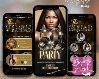May include: A black and gold digital invitation for a 50th birthday party. The invitation features a large number 50 with sparkling diamonds and gold accents. The text "Birthday Party" is written in gold letters with a black outline. The invitation also includes the text "The Vibes" and "The Squad" with a black background and gold accents. The invitation includes a place for a photo of the birthday girl and her friends.