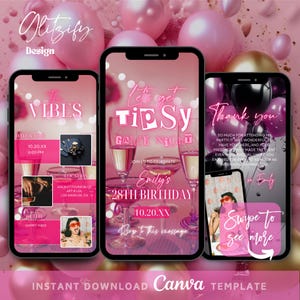 May include: A pink and black digital invitation for a 28th birthday party. The invitation features a neon pink sign that says "Let's get Tipsy Game Night" and a pink background with balloons. The text "Emily's 28th Birthday" is in a white box with a pink border. The date is 10.20.XX. The invitation also includes a swipe to see more button.