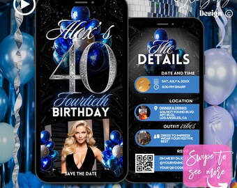 Blue Silver 40th Birthday Animated Invitation: Glam Party (Digital Download)