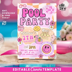 Invitación editable a fiesta en la piscina retro, invitación de cumpleaños para niña con fiesta en la piscina preppy, invitación de cumpleaños preppy, plantilla de fiesta de natación para preadolescentes retro para adolescentes