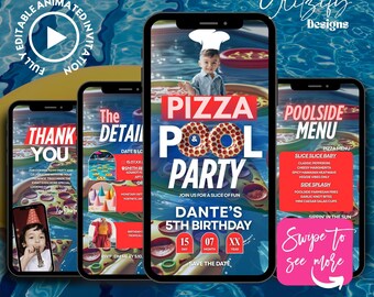 Pizza Pool Party Animated Invitation: Summer Birthday Video Invite (Canva Template, Digital Download)