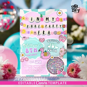 Invitación editable de la época de la fiesta en la piscina, invitación de cumpleaños de chica preppy para fiesta en la piscina, invitación de cumpleaños preppy, plantilla de fiesta de natación para preadolescentes, estilo retro adolescente