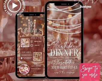 Pearls & Prosecco Invitation: Elegant Birthday Dinner Invite, Rose Gold Aesthetic (Digital Download)