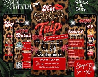 Cherry Red Leopard Girls Trip Itinerary,Cheetah Animated Birthday Trippin Invitation,Baddie Vacation Schedule,Weekend Invite,Hot Girls Trip