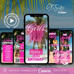Itinerario di viaggio per ragazze glamour tropicali rosa, pianificatore di vacanze, invito per una fuga di compleanno, invito per un viaggio di addio al nubilato, volantino itinerario di vacanza tra le palme