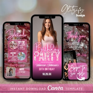 Faire-part vidéo rose pour fête d'anniversaire avec photo, faire-part d'anniversaire animé pour dîner, faire-part d'anniversaire avec photo, faire-part d'anniversaire rose glam