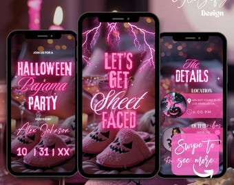 Halloween Sleepover Animierte Einladung: Pink Spooky Evite (Digitaler Download, bearbeitbar in Canva