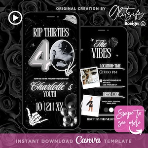 Può includere: Invito digitale in bianco e nero con un palloncino argentato numero 40, il testo "RIP Thirties" e il testo "The Vibes". L'invito include i dettagli per una festa, tra cui la data, l'ora, il luogo e il codice di abbigliamento.