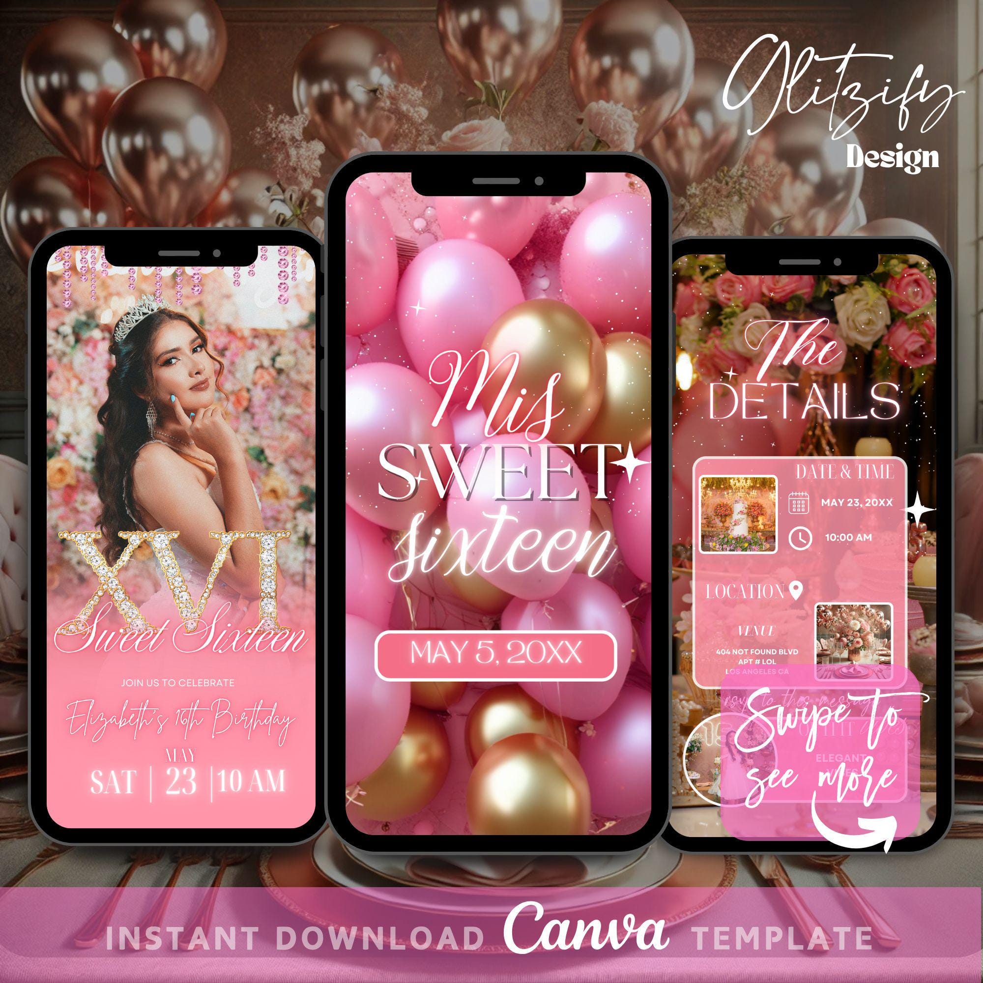 Diamond Pink Sweet Sixteen Invitation,16th Birthday Digital Birthday Invitation,Animated Invite,Birthday Party Invite,Sweet 16 Digital flyer