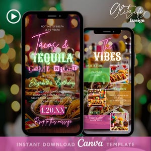 Puede incluir: Una invitación digital para una fiesta de juegos de Tacos & Tequila. La invitación presenta un diseño de color rosa y verde neón con imágenes de tacos, botellas de tequila y un fondo festivo. El texto de la invitación dice "Tacos & Tequila Game Night" y "En honor al cumpleaños de Elizabeth". La fecha y hora de la fiesta se indican como "04.20.XX" y "6:00 PM". La ubicación se indica como "404 Not Found Blvd, Apt #LOL, Los Angeles, CA". La invitación también incluye una llamada a la acción para "Responder a este mensaje".