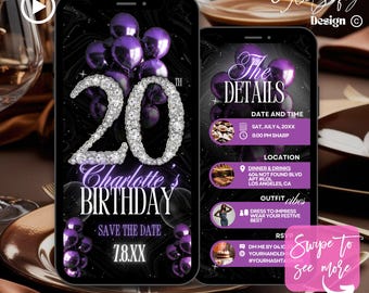 Purple Glam 20th Birthday Animated Invitation (Digital Download)