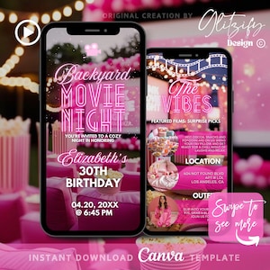 Invitación de cumpleaños para una noche de cine en el patio trasero, invitación rosa para una noche de cine en el patio trasero, invitación para una noche de cine de cumpleaños con imagen, plantilla digital de bricolaje