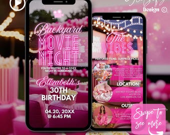 Pink Backyard Movie Night Birthday Invitation: Animated DIY Template (Digital Download)