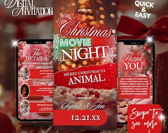 Weihnachtsfilm Nachteinladung, Weihnachten Pj Party einladen, bearbeitbare Vorlage, Urlaub Filmnacht Vorlage, Sofort-Download