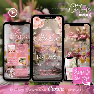 May include: A pink and white digital invitation for a Mother's Day brunch. The invitation features a floral design with a pink background and text that says "Let's Celebrate Mothers Day Brunch" and "May 5, 10 AM".