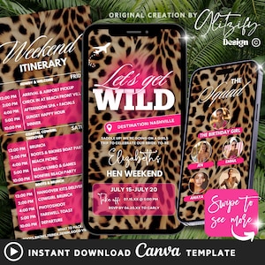 Leopard Glam Hen Weekend Itinerary,Let&#39;s get wild Birthday Getaway Invite,Girls Trip text invite,Cheetah Print Tropical Itinerary planner