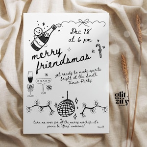 hand drawn merry friendsmas christmas party invitation template,printable doodle friendsmas invitation,scribble xmas invite,doodle invite