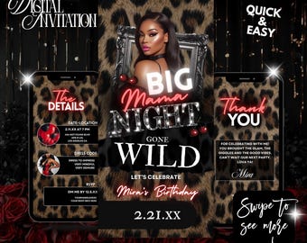Invitación para noche de chicas con estampado de guepardo "Big Mama", invitación de cumpleaños con cerezas, invitación electrónica editable de cumpleaños con estampado de leopardo, invitación para fiesta glamurosa con cena y bebidas