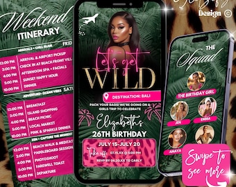 Itinerario animato per il weekend di compleanno con stampa leopardata e ghepardo (download digitale, modificabile in Canva)