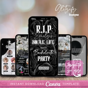 May include: A black and white bachelorette party invitation with a floral design and the text "R.I.P. Emily's Single Life" and "Join us for a Bachelorette Party 10.20.XX".