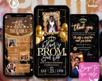 May include: A black and gold digital invitation for a prom send-off party. The invitation features a photo of a young man in a tuxedo, a crown, and the text "Oliver's Prom Send Off". The date and time of the event are listed as "May 23, 5 PM".
