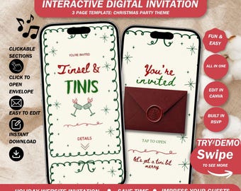 Tinsel & Tinis Holiday Party Invitation Website:Christmas and Cocktails Friendsmas Invite with Rsvp and Music ( canva template )