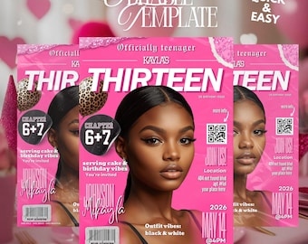 Puede incluir: Una plantilla de invitación rosa estilo revista con el texto "THIRTEEN TEEN" y una foto de una joven. La invitación incluye detalles como "Officially teenager", "serving cake & birthday vibes" y "Outfit vibes: black & white". El diseño también presenta un código QR.