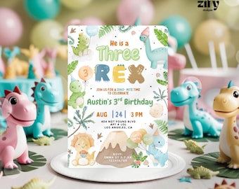 Bearbeitbare Dino 3. Geburtstag einladen, Dinosaurier-Geburtstags-Einladung, drei rex Dino einladen, Dino Boy Dinomite Geburtstag, Junge Dinosaurier Party einladen